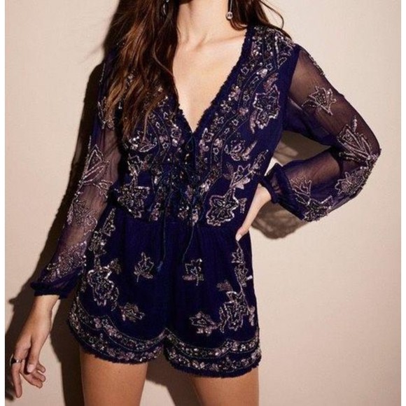 Free People Pants - Free People Ranna Gill Beaded Romper Navy Blue 12 Embellished Gypsy Boho Hippie